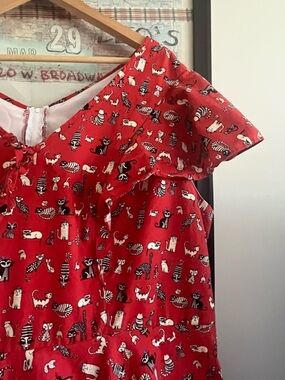 The Magnolia Park Cat Print Midi Fit + Flare Cap Sleeve Dress Red 5x